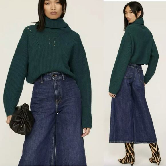 Thakoon Pointelle cropped sweater merino wool Chunky Knit Forest Green Sz Small - Picture 1 of 9